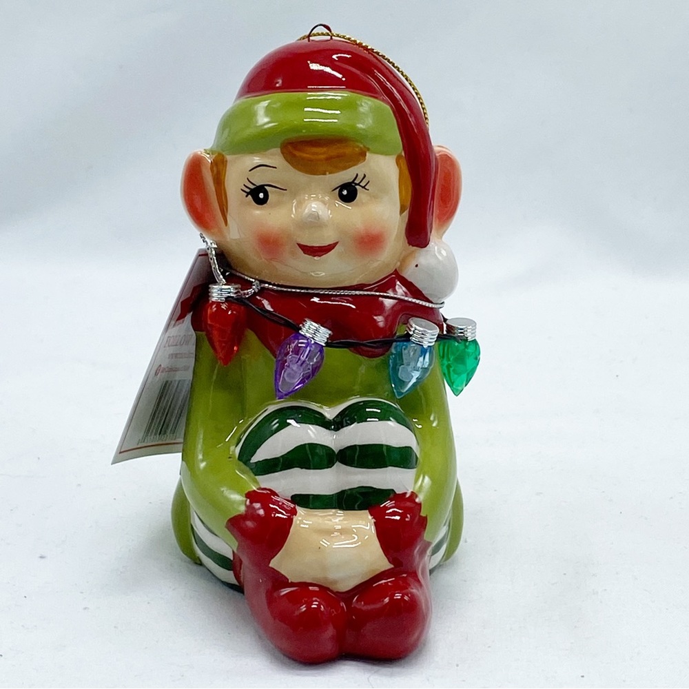 Mr. Christmas Light Up Elf Knee Hugger Ceramic Holiday Tree Decor Ornament 6 in